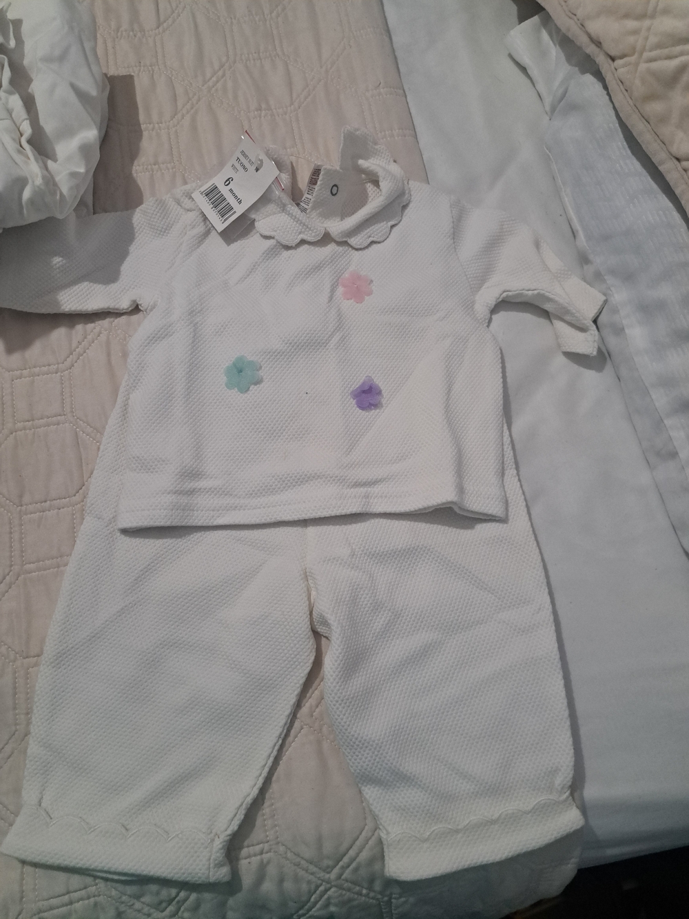 Jacadi White Two-Piece Baby Matching Set with Pastel Flower Appliqués